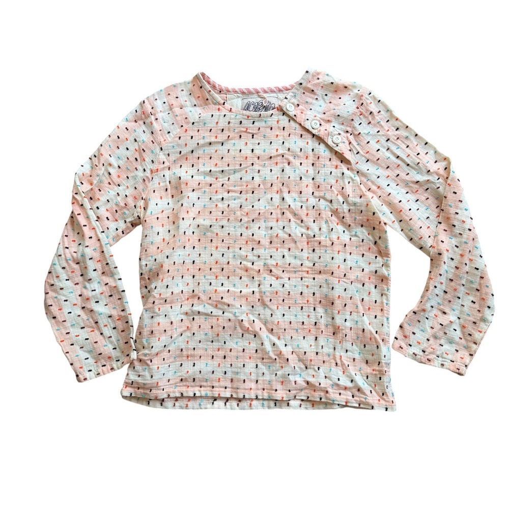 Ace & Jig Womens Top M Pink Striped Clip Dot Linen Blend Long Sleeve Button Neck